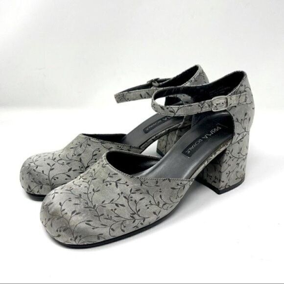 Prima Royale heels 90s Y2K gray floral pattern ankle strap round toe chunky 9.5M - Picture 5 of 7